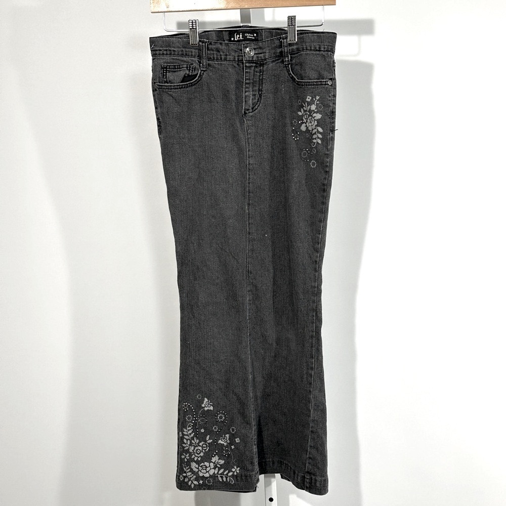 l.e.i. Girls Size 16 Black Denim Maxi Skirt Floral Embroidery Y2K Stretch